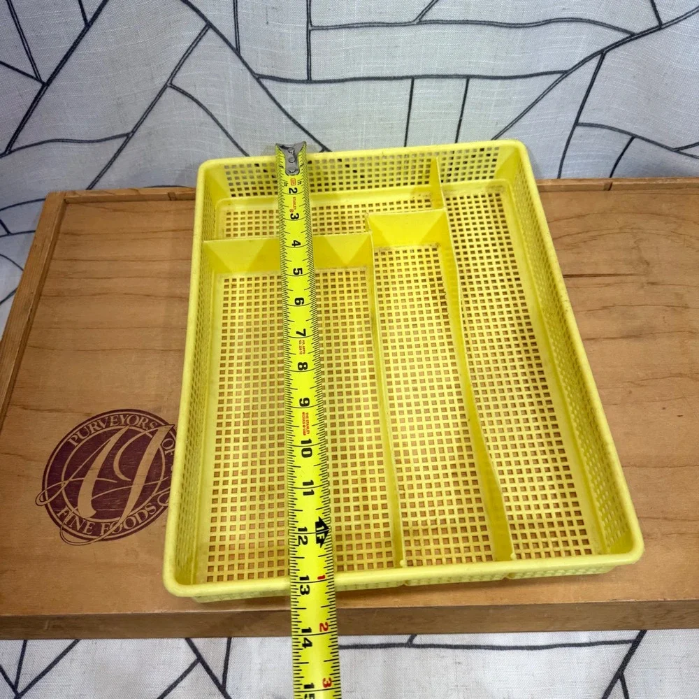 Vintage Yellow Plastic Mesh Silverware Drawer Organizer 5 Compartment Tray Retro